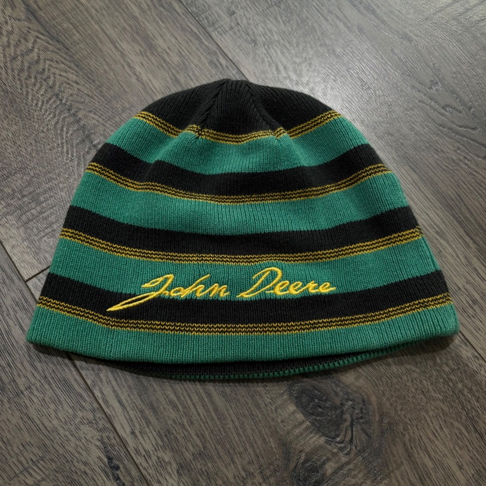 John Deere Reversible Beanie Hat Mens OSFM Green Black Striped Excellent Knit